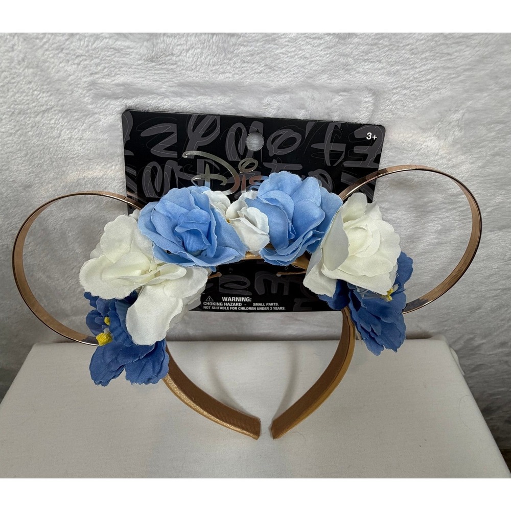 Disney Minnie Mouse Floral Wire Ears Headband Gold Blue White Kids New